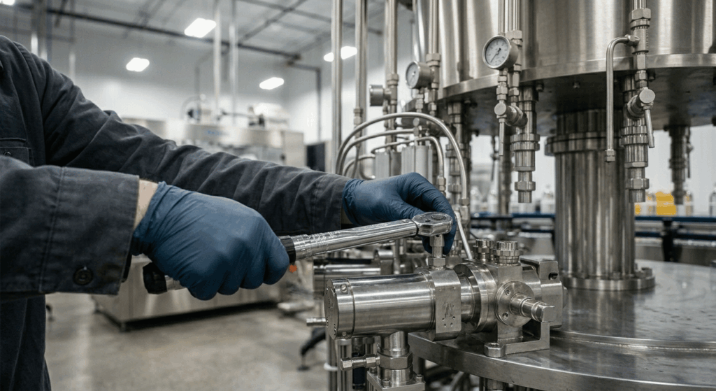 Maintenance technician using a torque wrench to service a stainless steel filling valve on a rotary beverage filler